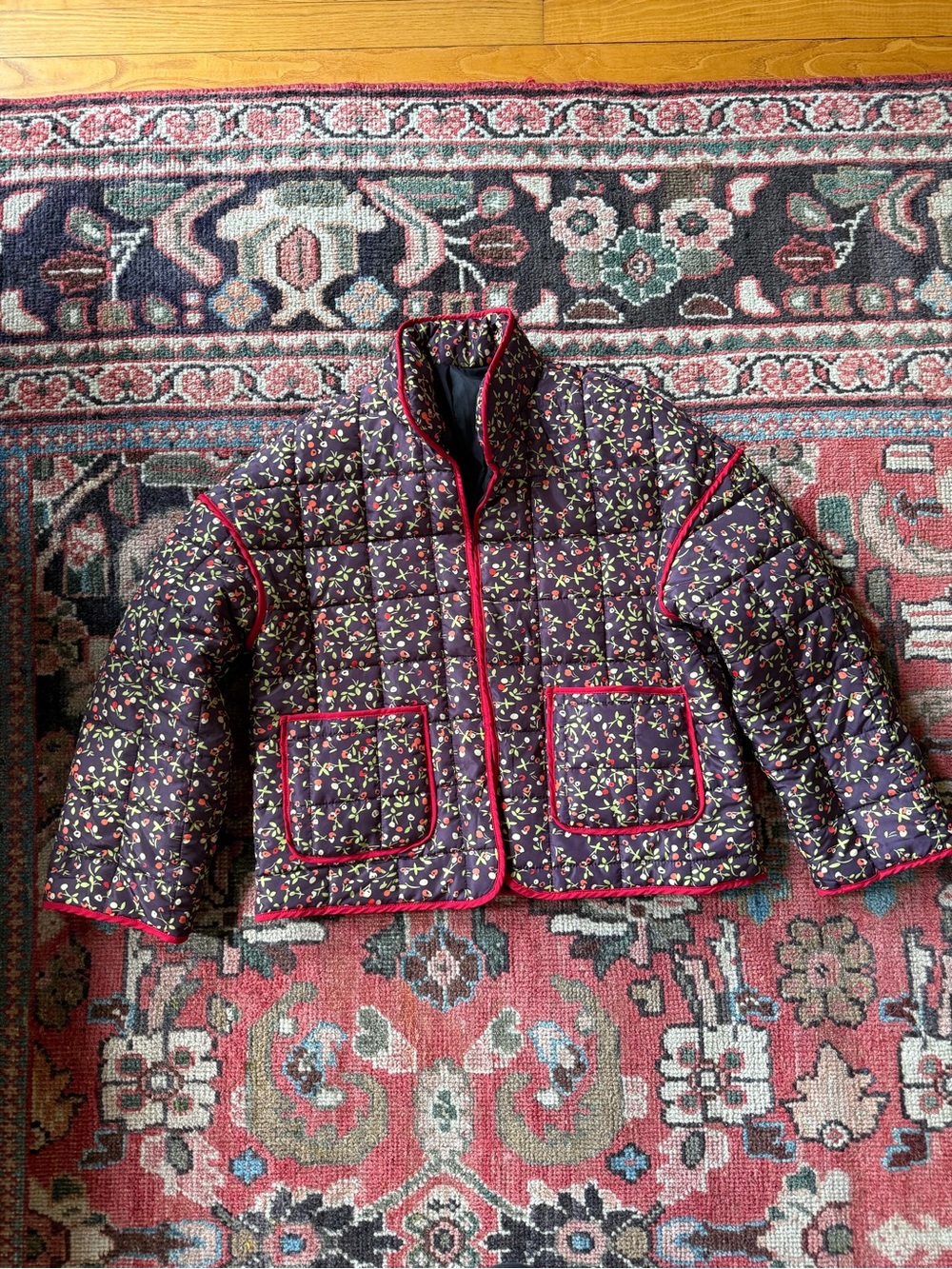Quilted Floral Puffer Jacket with Red Trim